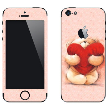 Виниловая наклейка «Тедди медвежонок и большое красное сердце» на телефон Apple iPhone 5